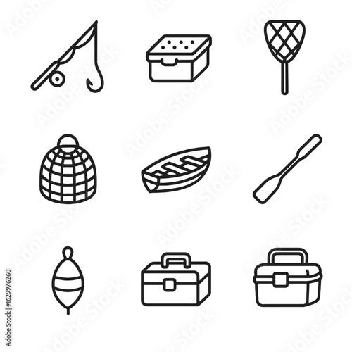 Artisanal Fishing Icons. Outline icon set of artisanal fishing gear: handline rod, bait box, dip net, fish trap basket, wooden