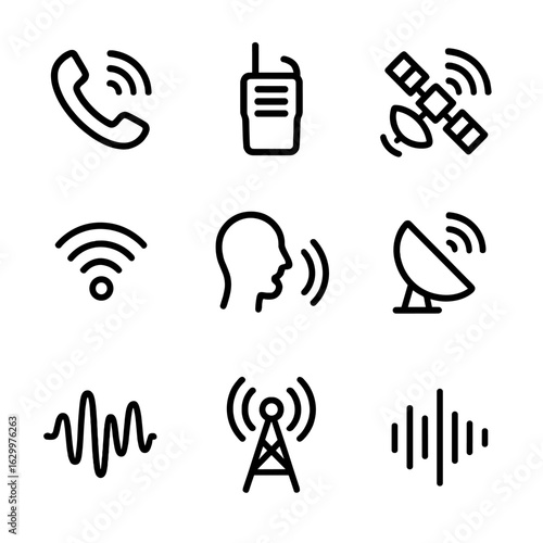 Communication Icon Grid. Outline icon set of echo in communication: phone call, walkie-talkie, satellite, radio signal, echo