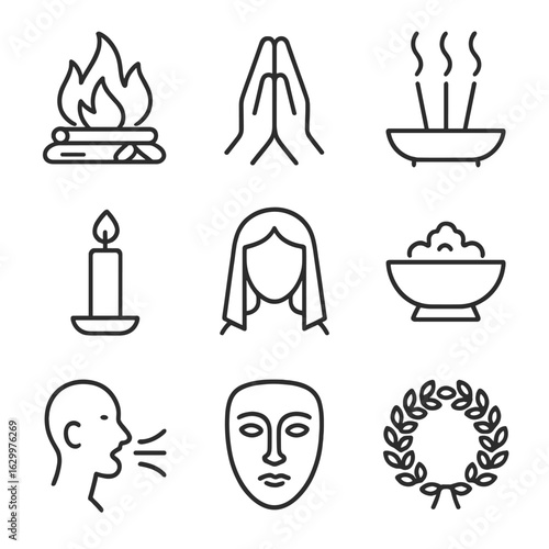 Afterlife Ritual Icons. Outline icon set of afterlife rituals: funeral pyre, prayer hands, incense, memorial candle, mourning veil
