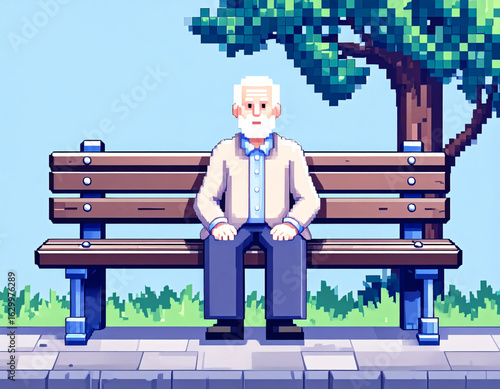 Pixel Art Elderly Man Sitting on a Park Bench Under a Tree