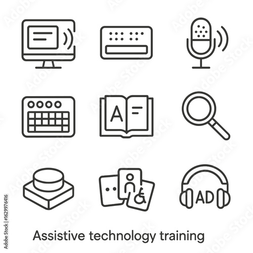 Assistive Tech Icons. Outline icon set of assistive technology training: computer with screen reader, braille display device,