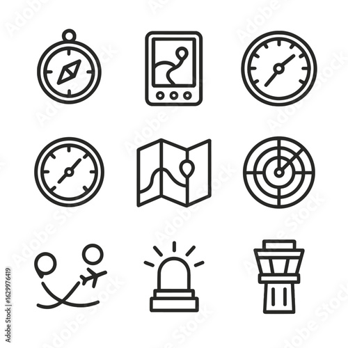 Air Navigation Icons. Outline icon set of air navigation tools: compass, GPS device, altimeter, airspeed indicator, map, radar,