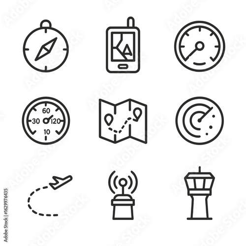 Air Navigation Icons. Outline icon set of air navigation tools: compass, GPS device, altimeter, airspeed indicator, map, radar,