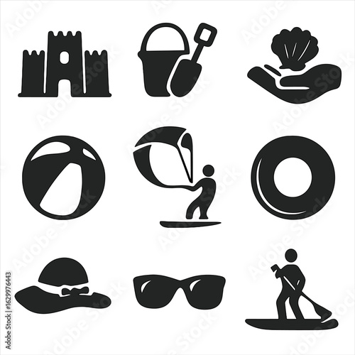 Beach Activities Icons. Solid, filled icons set of beach play activities: sandcastle, bucket and shovel,