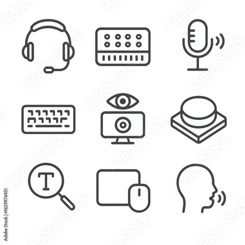 Assistive Technology Icons. Outline icon set of assistive technology devices: screen reader headset, Braille display,