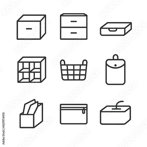 Compact Storage Icons. Outline icon set of compact storage solutions: drawer box, mini cabinet, underbed box, cube shelf, storage