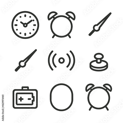 Alarm Clock Icons. Outline icon set of alarm clock parts: clock face, alarm bells, hour hand, minute hand, winding key, ringing