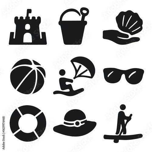 Beach Activities Icons. Solid, filled icons set of beach play activities: sandcastle, bucket and shovel,