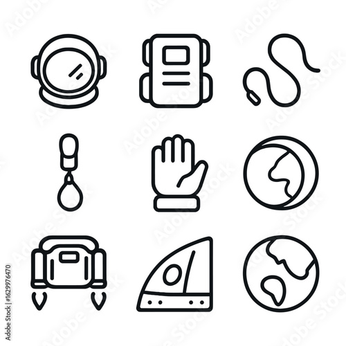 Astronaut Gear Icons. Outline icon set of astronaut extravehicular activity: spacesuit helmet, life support backpack, tether line,