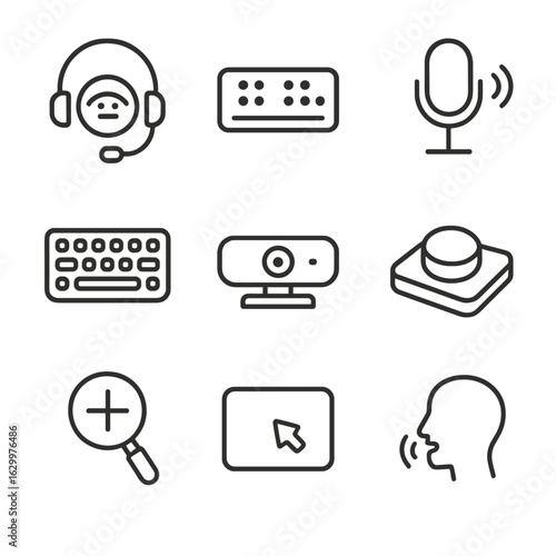 Assistive Technology Icons. Outline icon set of assistive technology devices: screen reader headset, Braille display,