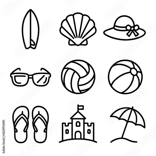 Beach Activity Icons. Outline icon set of beach activities for couples: surfboard, seashell, sunhat,