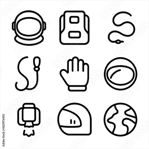 Astronaut Gear Icons. Outline icon set of astronaut extravehicular activity: spacesuit helmet, life support backpack, tether line,