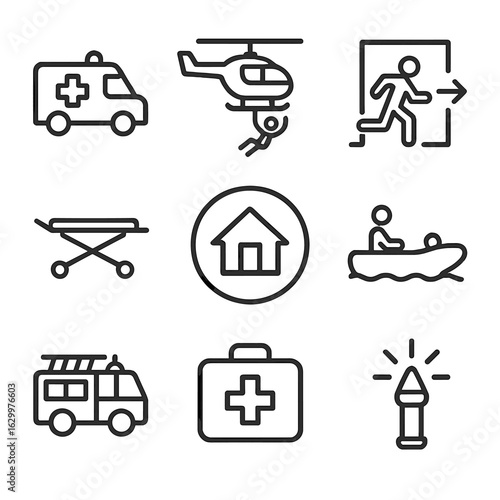 Conflict Zone Evacuation Icons. Outline icon set of conflict zone evacuation: ambulance, helicopter rescue, emergency exit,