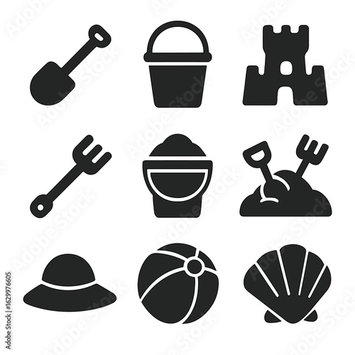 Beach Toy Icons. Solid, filled icons set of sandbox shovel: shovel, bucket, sandcastle, rake, pail, sand toys,