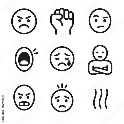 Conflict Emotions Icons. Outline icon set of conflict emotions: angry face, clenched fist, raised eyebrow, shouting mouth,