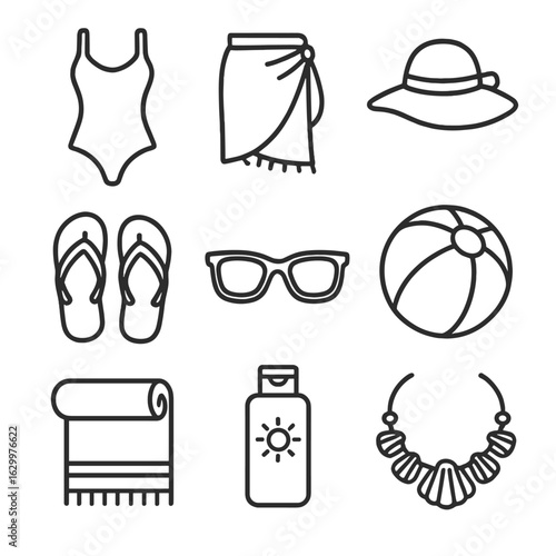 Beachwear Icon Set. Outline icon set of beachwear and accessories: swimsuit, sarong, flip-flops, sun hat,