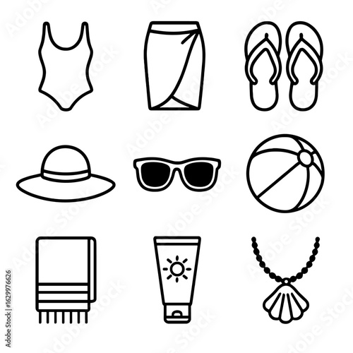 Beachwear Icon Set. Outline icon set of beachwear and accessories: swimsuit, sarong, flip-flops, sun hat,