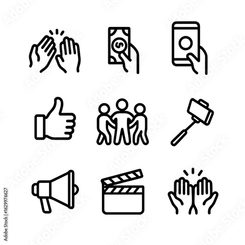 Audience Interaction Icons. Outline icon set of audience interaction: applause hands, tip money, camera phone, thumbs up, dance