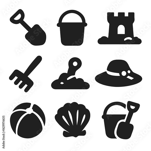 Beach Toy Icons. Solid, filled icons set of sandbox shovel: shovel, bucket, sandcastle, rake, pail, sand toys,