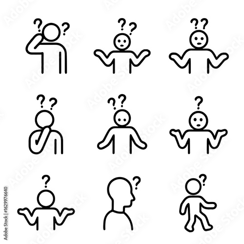 Confusion Gesture Icons. Outline icon set of confusion gestures: scratching head, shrugging shoulders, raised eyebrows, hand on