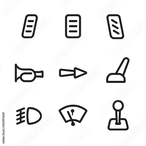 Car Controls Icons. Outline icon set of car controls: accelerator pedal, brake pedal, clutch pedal, horn, indicator switch,
