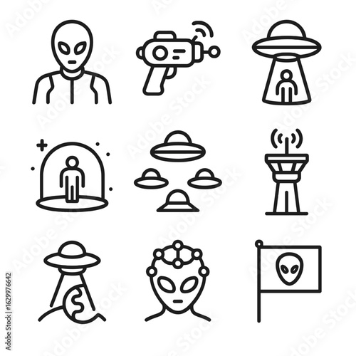 Alien Invasion Icon Set. Outline icon set of alien invasion elements: alien soldier, ray gun, abduction beam, forcefield bubble,
