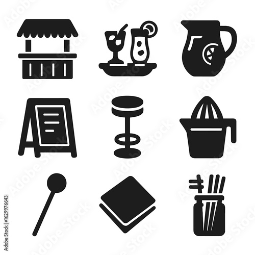 Beachside Bar Icons. Solid, filled icons set of beachside drink setup: bar counter, drink tray, cocktail