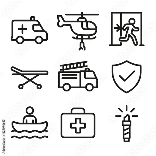 Conflict Zone Evacuation Icons. Outline icon set of conflict zone evacuation: ambulance, helicopter rescue, emergency exit,