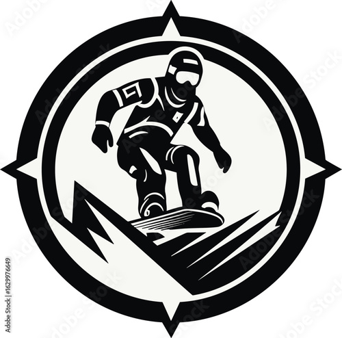 Dynamic Snowboarder Emblem: A striking black and white vector illustration capturing the thrill of winter sports and mountain adventure.