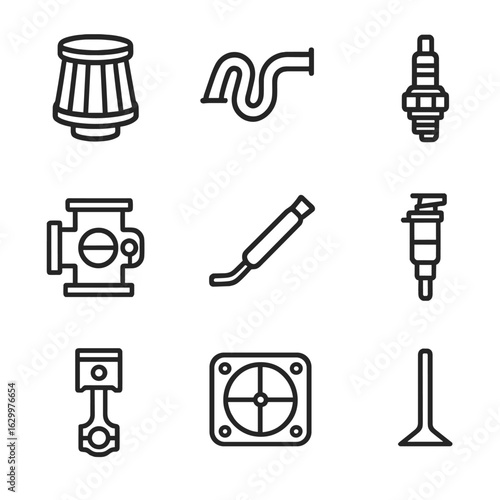 Car Engine Tuning Icons. Outline icon set of car engine tuning: air filter, exhaust, spark plug, carburetor, exhaust pipe, fuel