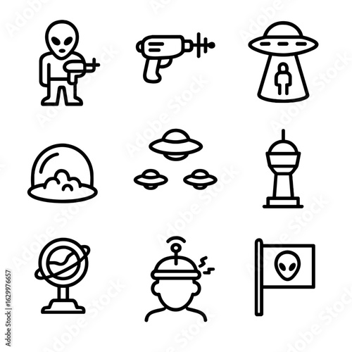 Alien Invasion Icon Set. Outline icon set of alien invasion elements: alien soldier, ray gun, abduction beam, forcefield bubble,