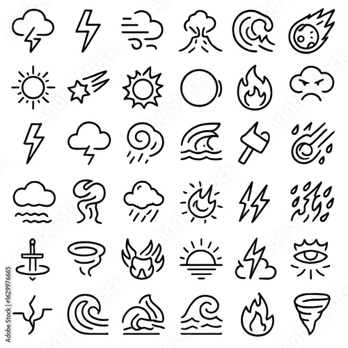 Celestial Wrath Icons. Outline icon set of wrath of heavens: thundercloud, lightning bolt, storm wind, crashing waves, volcanic