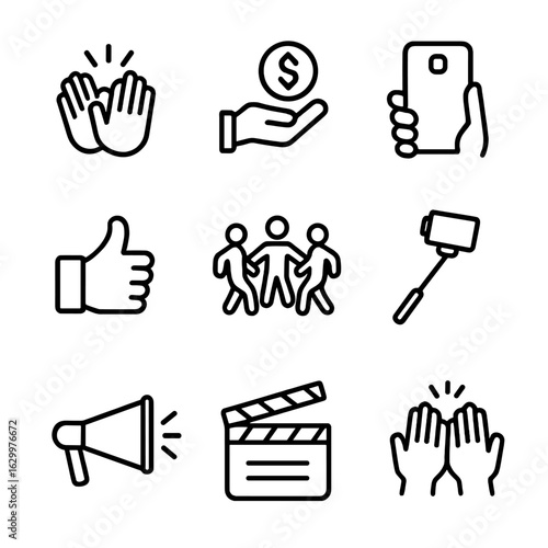 Audience Interaction Icons. Outline icon set of audience interaction: applause hands, tip money, camera phone, thumbs up, dance