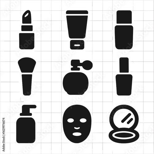 Beauty Icons Grid. Solid, filled icons set of Beauty product reviews: lipstick, moisturizer, foundation bottle