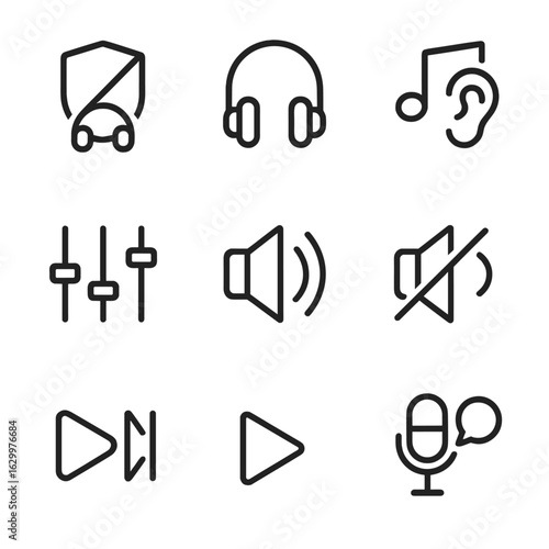 Audio Settings Icons. Outline icon set of listening modes and settings: ANC on, transparency mode, ambient sound, EQ preset,