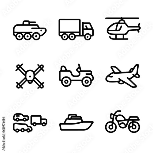 Conflict Zone Transport Icons. Outline icon set of conflict zone transportation: armored vehicle, military truck, helicopter,
