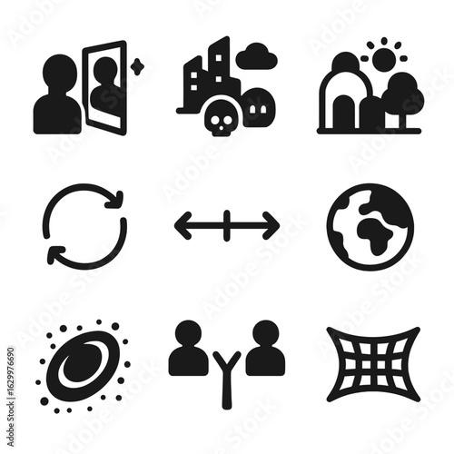 Alternate Realities Icons. Solid, filled icon set of alternate realities: mirror universe, dystopian world, utopian world, time