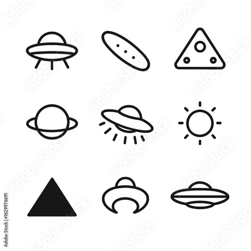Alien Spacecraft Icons. Outline icon set of alien spacecraft types: saucer craft, cigar-shaped ship, triangular UFO, orb ship,