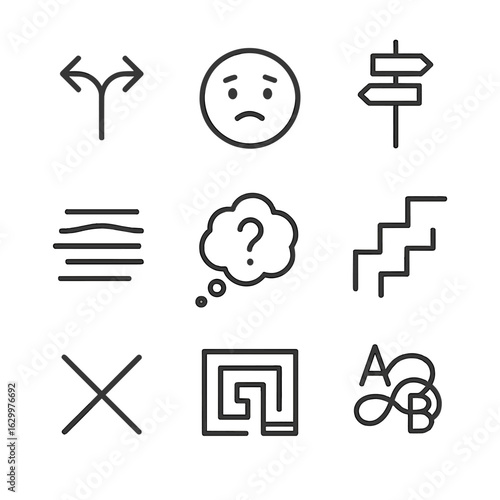 Confusion Signs Icons. Outline icon set of confusion signs: overlapping arrows, confused face icon, mixed signals, question cloud,