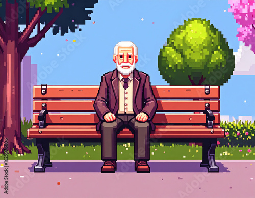 Elderly Man Sitting on Park Bench