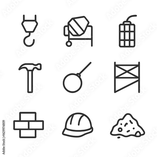 Construction Icon Set. Outline icon set of construction and demolition: crane hook, concrete mixer, dynamite, scaffold, hammer,