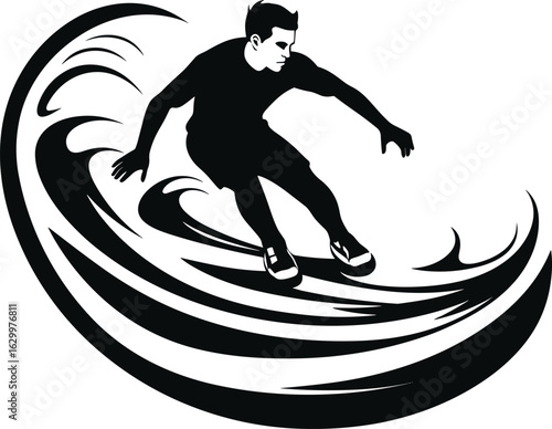 Dynamic Silhouette of a Surfer Riding a Powerful Ocean Wave �?? Vector Art for Sports, Water Activities, and Summer Lifestyle Designs