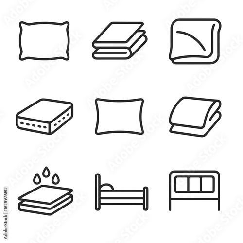Bedding Icon Set. Outline icon set of bedding and linens: pillow, sheets, duvet, mattress, pillowcase, blanket