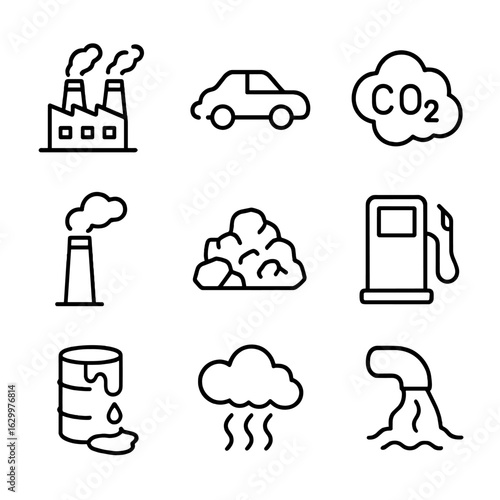Carbon Emissions Icons. Outline icon set of carbon emissions: factory, exhaust, carbon dioxide, vehicle emissions, smokestack,