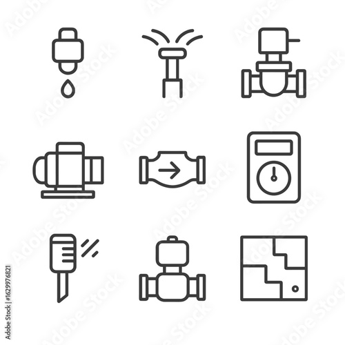 Automated Irrigation Icons. Outline icon set of automated irrigation controls: drip irrigation emitter, sprinkler head, solenoid