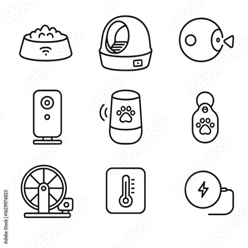 Automated Pet Care Icons. Outline icon set of automated pet care gadgets: smart feeder bowl, self-cleaning litter box,