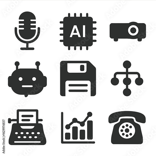 Analog to AI Icons. Solid, filled icon set of classic analog meets modern AI tools: vintage microphone, AI algorithm, slide