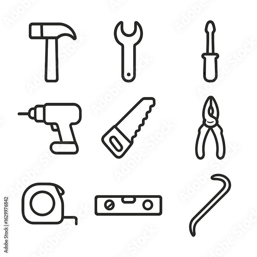 Construction Tools Icons. Outline icon set of construction tools: hammer, wrench, screwdriver, drill, saw, pliers, tape measure,