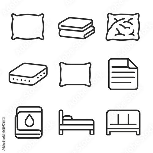 Bedding Icon Set. Outline icon set of bedding and linens: pillow, sheets, duvet, mattress, pillowcase, blanket