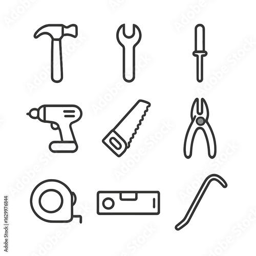 Construction Tools Icons. Outline icon set of construction tools: hammer, wrench, screwdriver, drill, saw, pliers, tape measure,